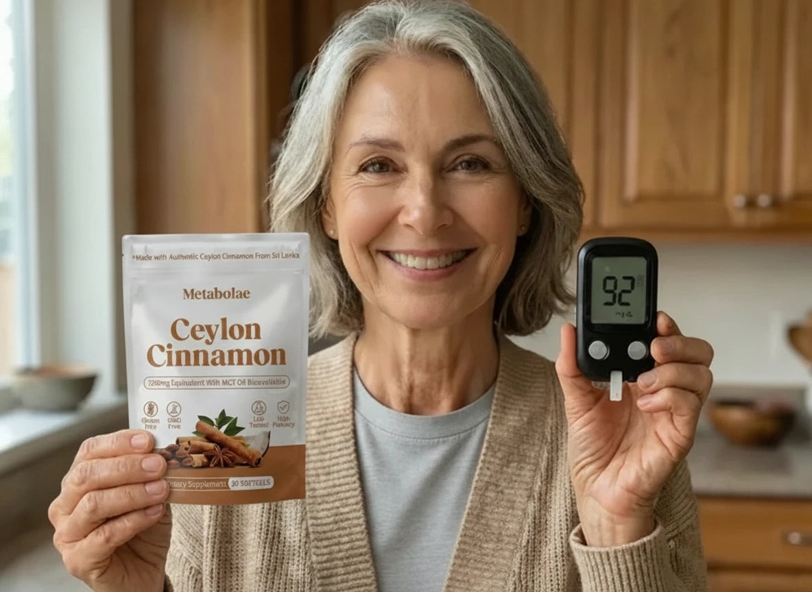 Metabolae customer holding Ceylon Cinnamon and a glucose meter