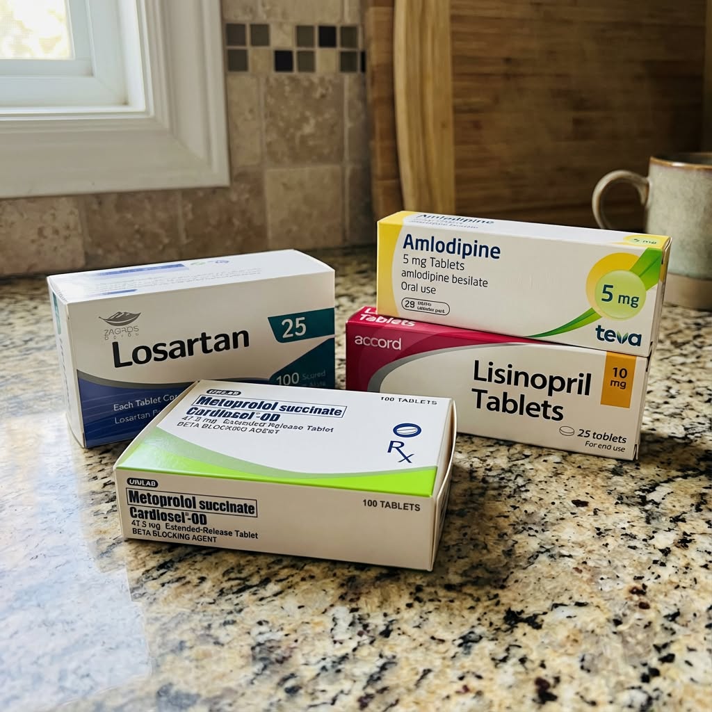 Boîtes de médicaments contre l'hypertension sur un comptoir