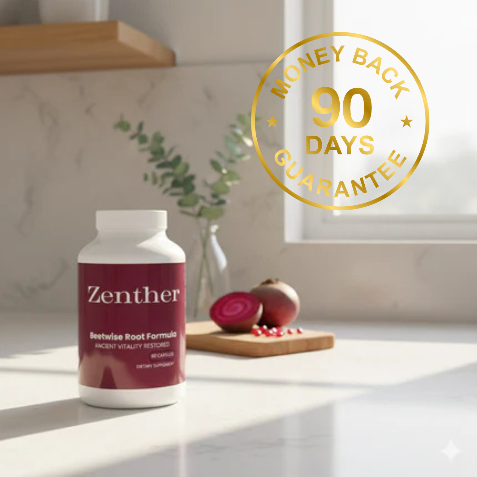 BeetWise bottle with 90-day guarantee badge