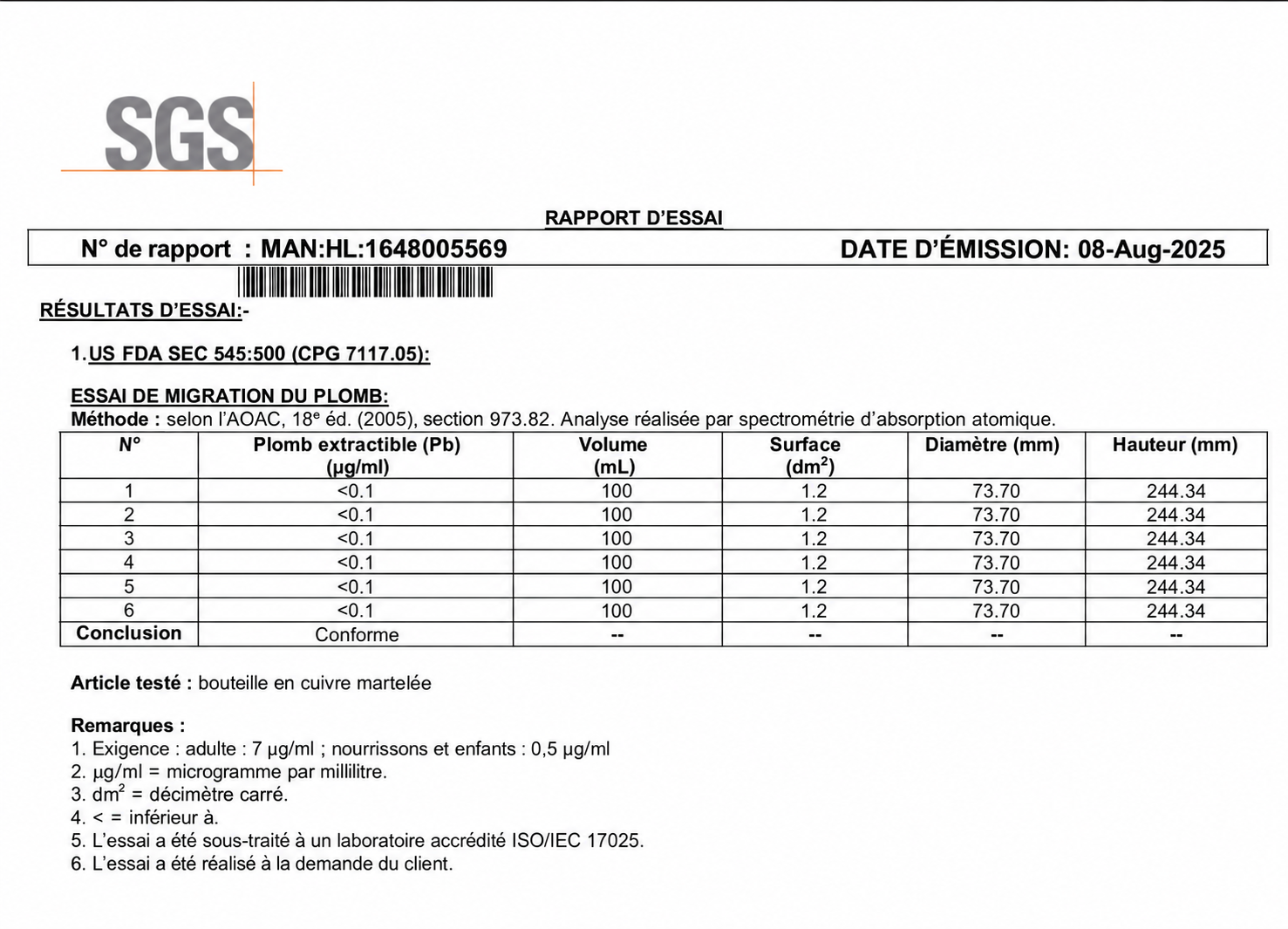 Rapport d’essai SGS en français pour la bouteille en cuivre martelée