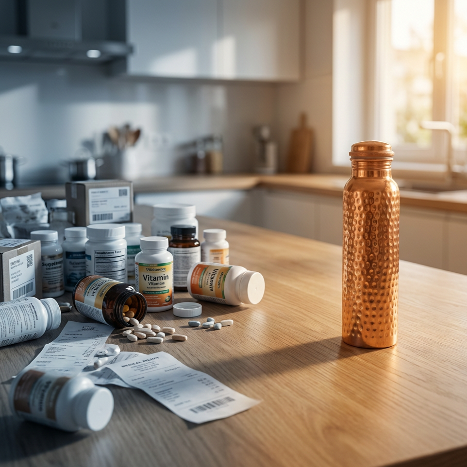 Copper bottle beside supplements