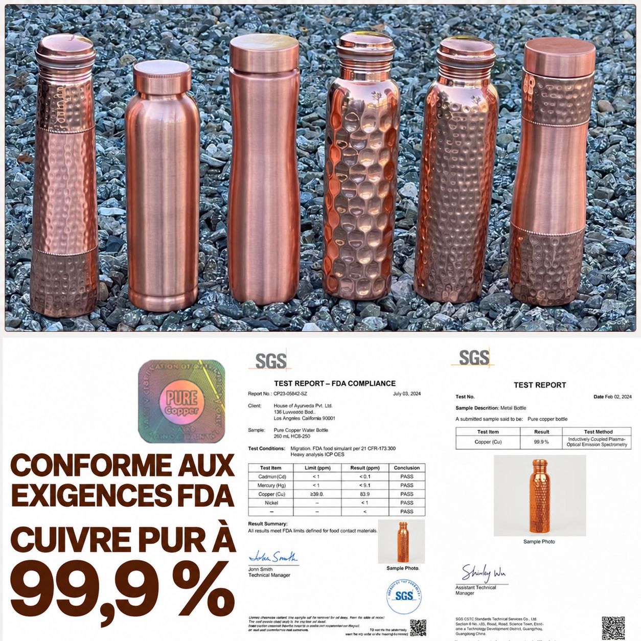 Du cuivre pur d’origine contrôlé par SGS, produit en série artisanale limitée